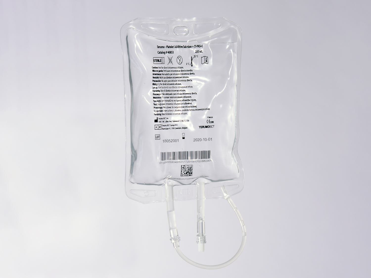 250 ml bag with platelet additive solution in it
